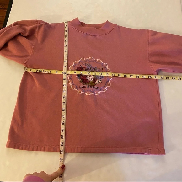 Vintage 90s Flower Embroidered Mockneck Pullover Floral Pink Sweatshirt Small - Picture 9 of 12